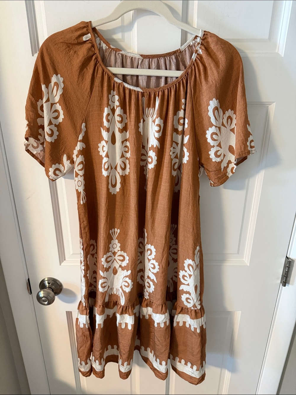 SHEIN LUNE Women's Boho Printed Ruffle
Hem Shift Dress Flowy Caramel/Mocha Large - Picture 5 of 6
